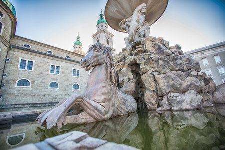 Residenzplatz Square & Residence Fountain in Historical center of Salzburg, Austriaの写真素材