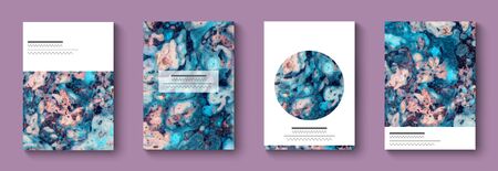 Set with four liquid marble texture. Fluid art.Mixture of acrylic paints.Applicable for cover design, presentation, invitation, flyer, poster and business card, desing packaging. Modern artwork.のイラスト素材