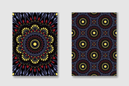 Set of colorful Ramadan flyer pages ornament illustration concept. Vintage art Islam, Arabic, Indian, magazine, elements. Vector decorative retro greeting card or invitation layout design.のイラスト素材