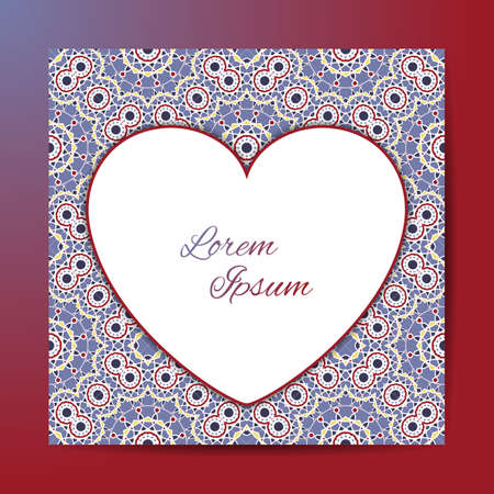 Vector card or Invitation with Heart. Openwork filigree template for Wedding, Bridal, Valentines day, greeting cards or Birthday Invitations. Abstract pattern, heart. Isolated on a red background.のイラスト素材