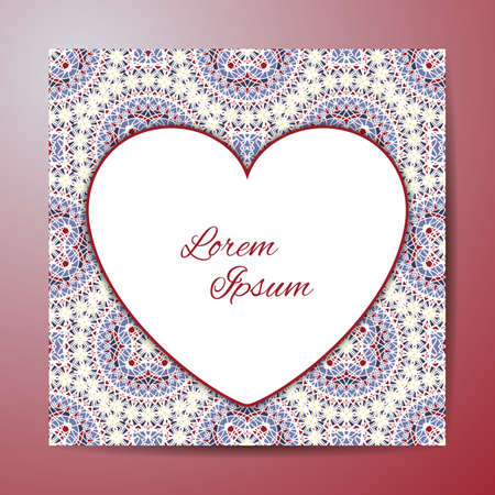Vector card or Invitation with Heart. Openwork filigree template for Wedding, Bridal, Valentines day, greeting cards or Birthday Invitations. Abstract pattern, heart. Isolated on a pink background.のイラスト素材