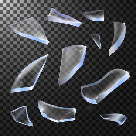 Realistic broken glass pieces. Isolated on black transparent background. Vector illustration, eps 10.のイラスト素材