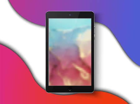 Tablet black color with colored abstract blurry touch screen and flare isolated on white, blue, pink, orange wavy background. Realistic and detailed device. Stock vector illustration.のイラスト素材