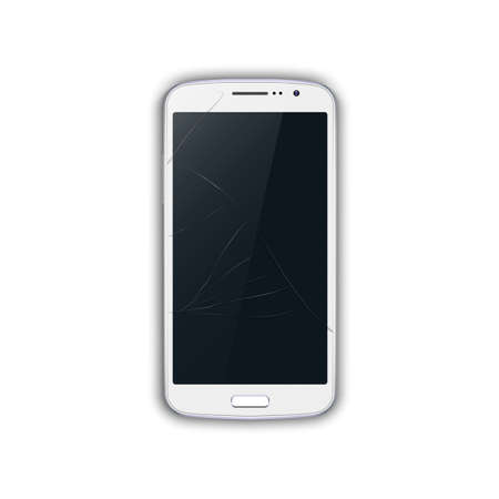 Broken smartphone. White smartphone with broken blank touch screen. Isolated on white background. Realistic and detailed device. Vector.のイラスト素材