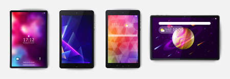 Tablets, smartphone, set of with colorful abstract screensaver top view isolated on white background. Realistic and detailed devices mockup. Vector illustration.のイラスト素材