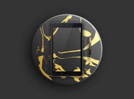 Realistic black tablet with abstract gold marbled touch screen and pen. Isolated on black and gold round marble stand. Detailed devices mockup. Vector illustration.のイラスト素材