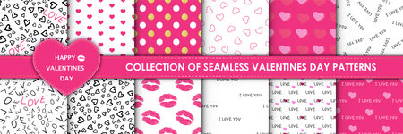 Set of 12 elegant seamless patterns with hand drawn decorative hearts, design elements. Romantic patterns for wedding invitations, greeting cards, scrapbooking, print, gift wrap. Valentines day.のイラスト素材