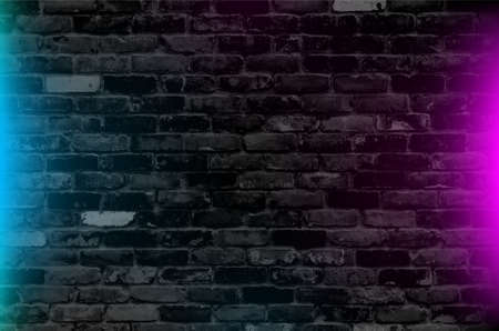 Modern futuristic neon lights on old grunge brick wall room background.