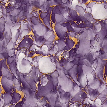 Seamless pattern of abstract fluid art painting with alcohol ink, purple and gold colors.の写真素材