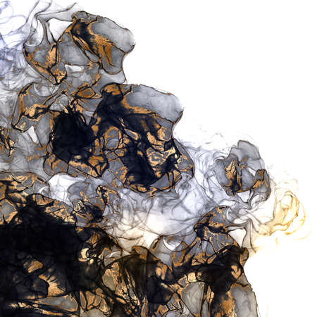 Abstract fluid art painting with alcohol ink, black, white and gold colors. Alcohol inkの写真素材
