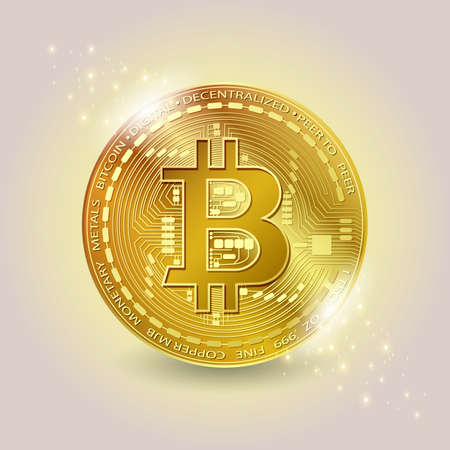 Bitcoin. Golden digital cryptocurrency coin. Vector realistic shiny gold bitcoin. Electronics finance money symbol. Bitcoin isolated icon.のイラスト素材