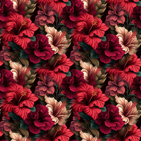 Seamless pattern with colorful tropical flowers and palm leaves on a dark background. Hibiscus seamless pattern illustration. Exotic Jungle Wallpaperの写真素材