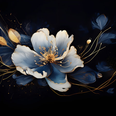 Botanical flowers wallpaper with one big flower, artwork, home decor, wall art, vintage, flowing alcohol ink art style, bioluminescence navy blue background, white, gold colorsの素材