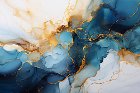 Alcohol ink art technique. Natural luxury abstract fluid art painting. Tender and dreamy wallpaper. Mixture of colors creating transparent waves and golden swirls.の写真素材