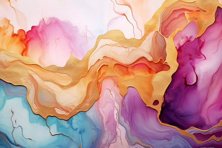 Colorful abstract marble background, alcohol ink art liquid fluid marbled luxury texture. Pink blue white purple gold mixture of colors and gold lines.の写真素材