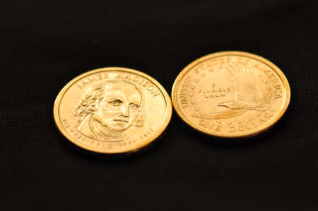 Macro photo of The United States of America one dollar coins James Madison editionの写真素材