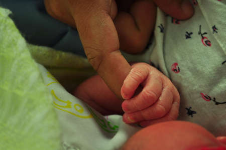 A Man index finger holds a newborn baby's handの写真素材