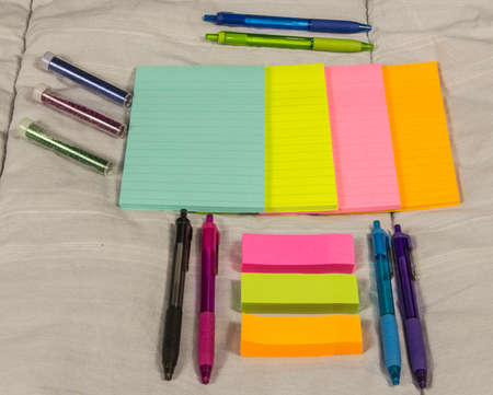 post it notes, pens and colorsの写真素材