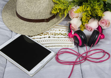 roses arrangement and tabletの写真素材