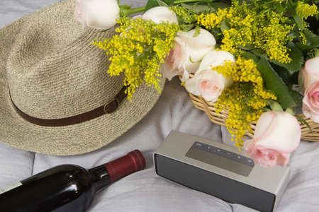 celebration with roses and wineの写真素材
