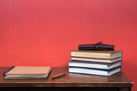 table with books and other elementsの写真素材