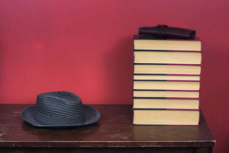 table with books and other elementsの写真素材