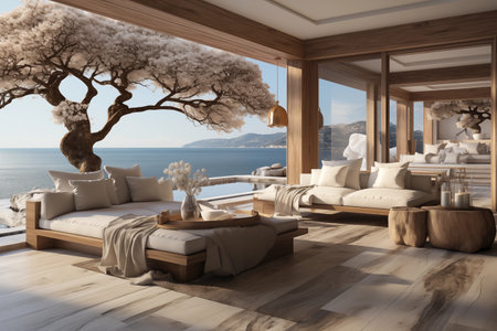 Interior of modern living room with sea view. 3d renderの素材