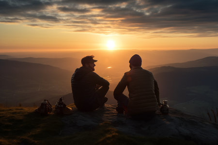 Silhouette of two men sitting on the top of the mountain and looking at the sunsetの素材