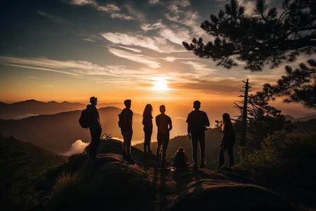 Silhouette of a group of friends standing on top of a mountain during sunset.の素材