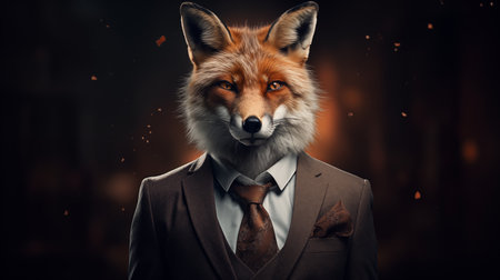 Fashionable fox in suit and tie on dark background. Mixed mediaの素材