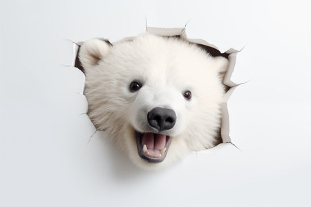 polar bear sticking out of a hole in a white paper backgroundの素材