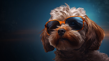 Cute dog wearing sunglasses on dark blue background with copy space.の素材