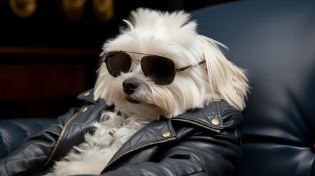 Portrait of a cute dog wearing sunglasses and leather jacket.の素材