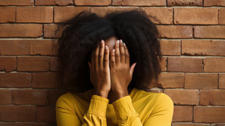 Young african american woman covering face with hands against brick wallの素材