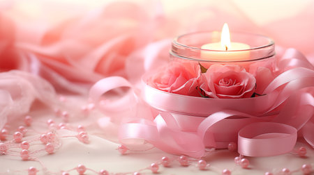 A candle with pink ribbon and roses, symbolizing strength and unity against cancer.の素材