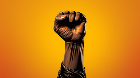 A powerful image for Black History Month with a raised fist on a vibrant orange background.の素材