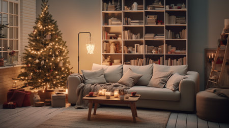 Interior of living room with christmas tree, sofa and bookshelvesの素材