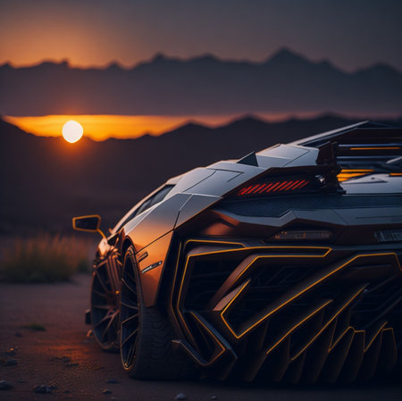 Futuristic sports car on the road at sunset in the desertの素材