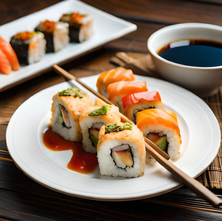 Sushi roll with salmon, eel, avocado, cucumber and cream cheese. Sushi menu. Japanese food.の素材