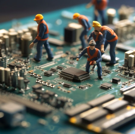 Technicians repairing a microcircuit. Close-up. Selective focus.の素材