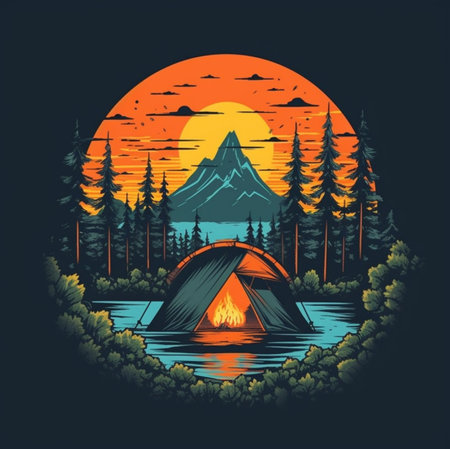 Camping in the forest. Vector illustration of a tent on the lake.の素材
