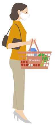 Woman in mask with shopping basketのイラスト素材