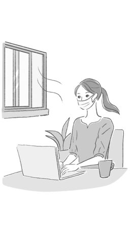 Vector illustration of a woman wearing a mask and using a computer at workのイラスト素材