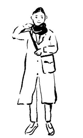 Line drawing of a woman in winter clothesの写真素材