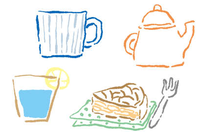Line drawing of tea and cakeの写真素材