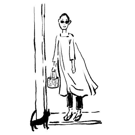 Line drawing of cat and womanのイラスト素材