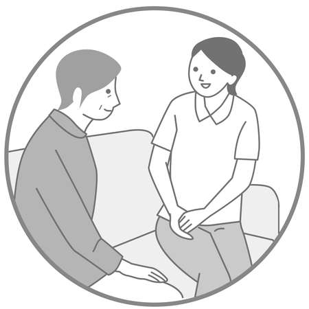 Illustration of an old man and a care staff talkingのイラスト素材