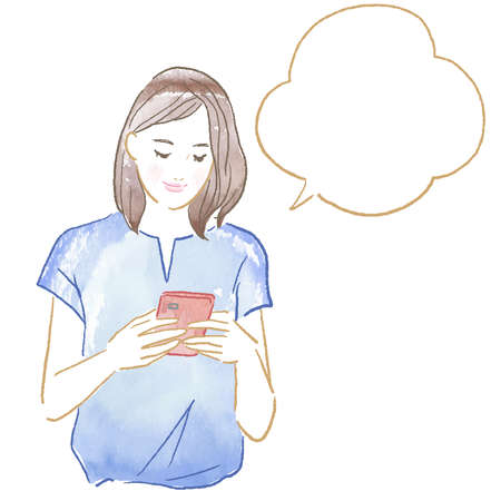 Woman looking at mobile, watercolor, vectorのイラスト素材