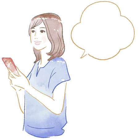 Woman looking at mobile, watercolor, vectorのイラスト素材
