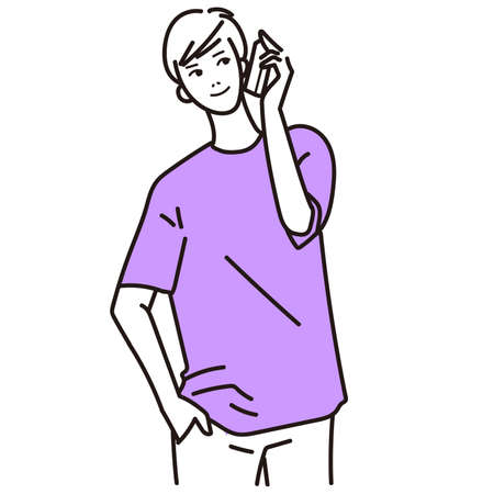 Vector illustration of a young man with a cell phoneのイラスト素材